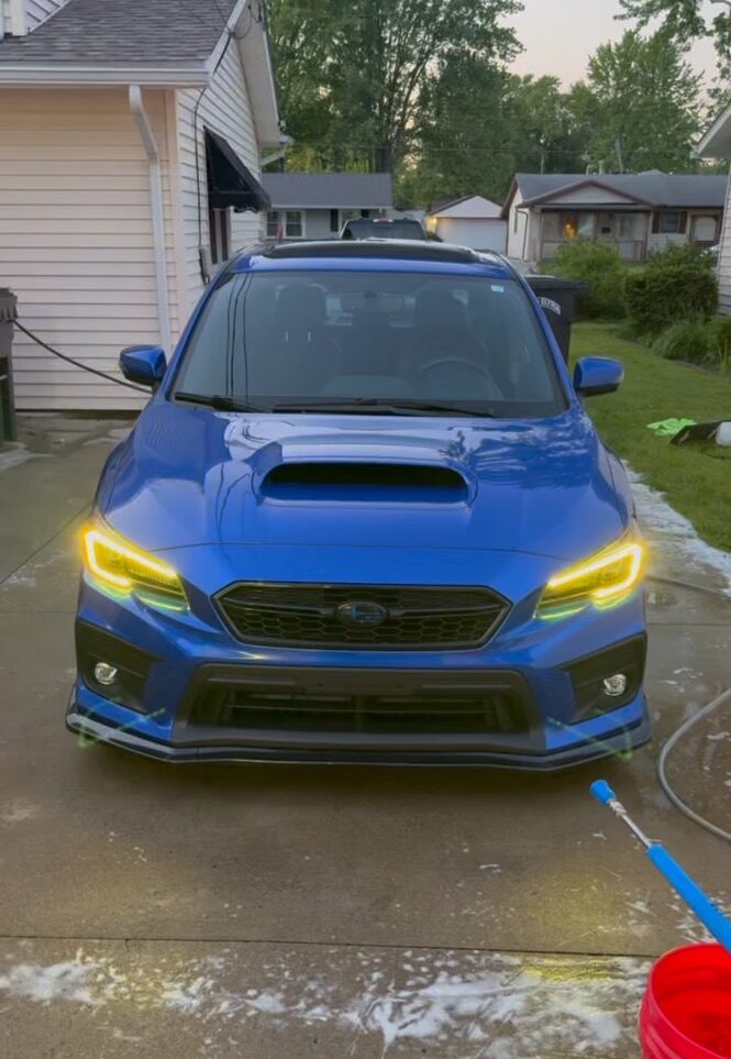 Blue Subaru WRX front after professional car detailing in North Ridgeville Ohio